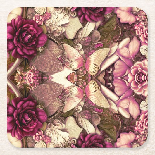 装飾的なコラージュの蝶とバラ スクエアペーパーコースター (正面)