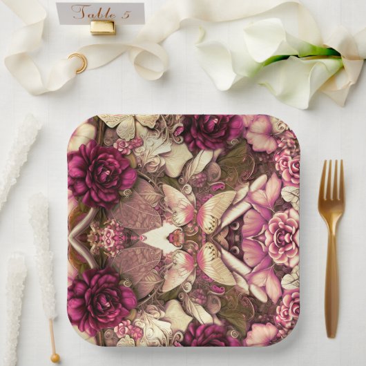 装飾的なコラージュの蝶とバラ ペーパープレート (ウェディング)