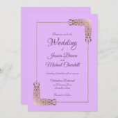 装飾的なゴールドの枠 ラベンダー ウェディング 招待状 (正面/裏面)