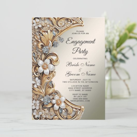 装飾的なゴールドの白い花のエンゲージメント招待状 招待状 (スタンド正面)