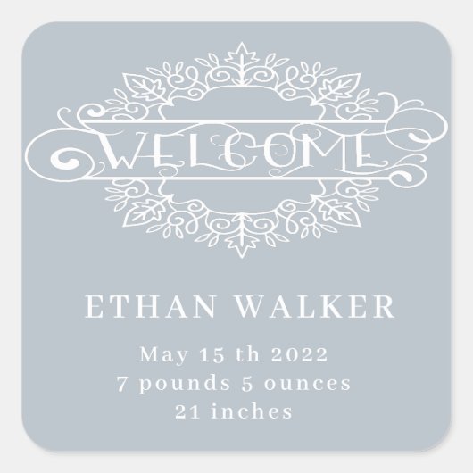 装飾的なスクリプト歓迎男の赤ちゃんブルー スクエアシール (正面)
