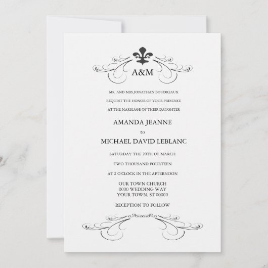 装飾的なスクロール（紋章の）フラ・ダ・リの結婚式招待状 招待状 (正面)