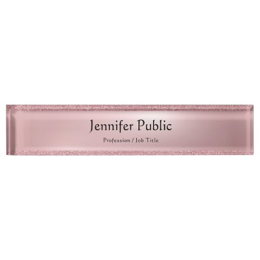 装飾的なタイプされた原稿上品なばら色の金ゴールドのグリッター デスクネームプレート (正面)