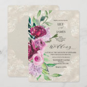 装飾的なダブグレーにワインとピンクのバラ 招待状 (正面/裏面)