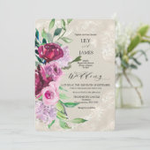 装飾的なダブグレーにワインとピンクのバラ 招待状 (スタンド正面)