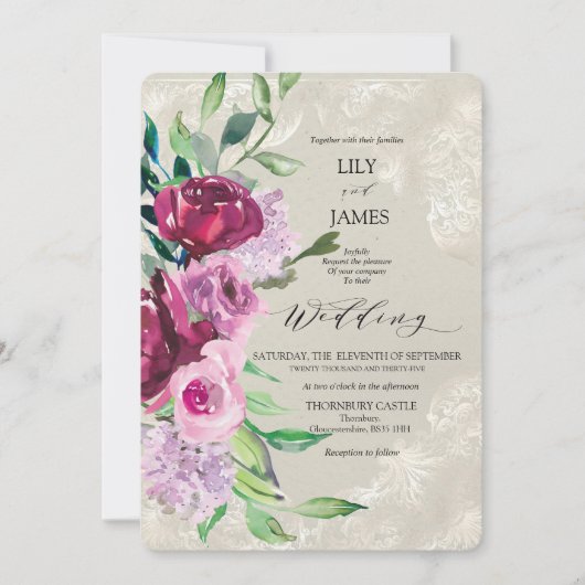 装飾的なダブグレーにワインとピンクのバラ 招待状 (正面)