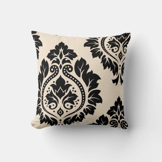 装飾的なダマスク織の芸術I -黒及びクリーム(両方向) クッション (正面)