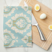 装飾的なダマスク織パターン-青のクリーム及び金ゴールド キッチンタオル (四つ折り)
