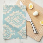 装飾的なダマスク織パターン-青のクリーム キッチンタオル (四つ折り)