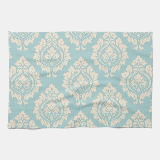 装飾的なダマスク織パターン-青のクリーム キッチンタオル (横)