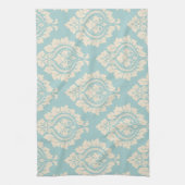 装飾的なダマスク織パターン-青のクリーム キッチンタオル (縦)