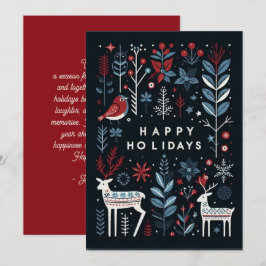 装飾的なダークブルー、レッド、ホワイトのフローラのホリデーカード シーズンカード