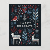 装飾的なダークブルー、赤、白の花のホリデー シーズンポストカード (正面)