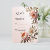 装飾的なピンクと白の花のRSVPカード 出欠カード (スタンド正面)