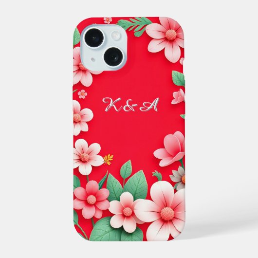 装飾的なピンクの花と緑の葉 iPhone 15ケース (裏面)