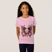 装飾的なピンクの花と蝶 Tシャツ (正面フル)