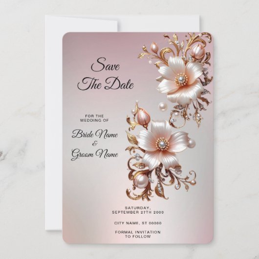 装飾的なピンクの花の結婚式の延期通知 セーブザデート (正面)