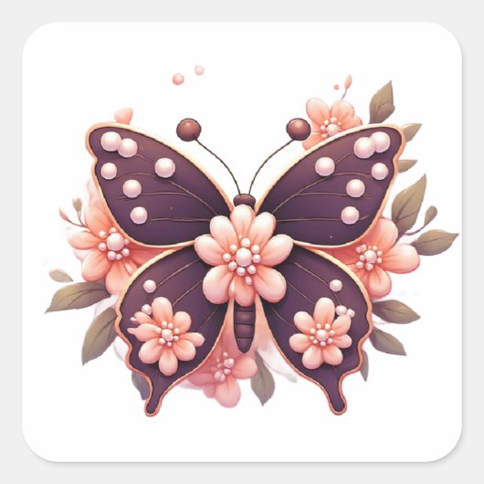 装飾的なピンクの花の蝶 スクエアシール (正面)
