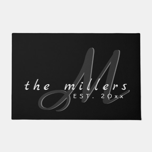 装飾的なファミリ名とモノグラムスクリプト |黒 ドアマット (正面)