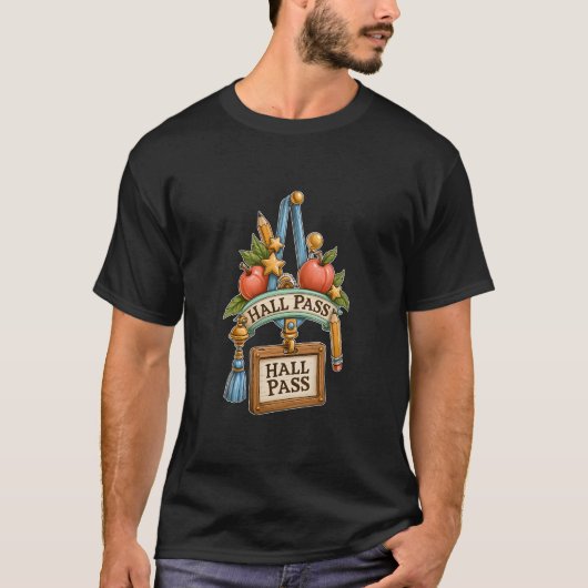 装飾的なホールパス 学校の先生 りんご 鉛筆 Tシャツ (正面)