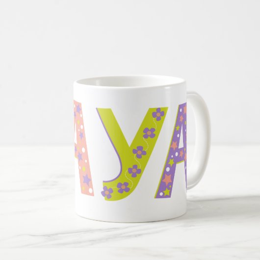 装飾的なマヤの花とスターマグ コーヒーマグカップ (正面右)