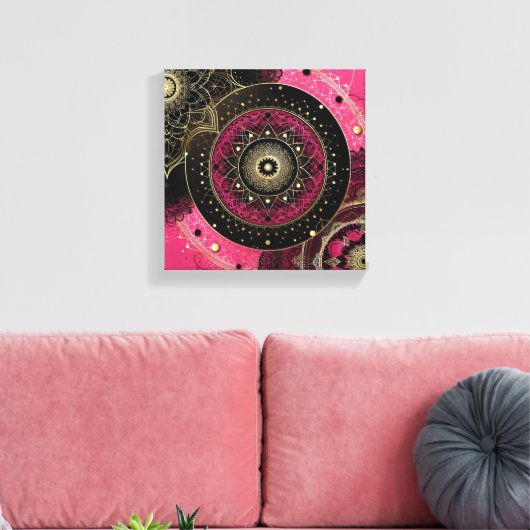 装飾的なマンダラ ピンクとブラック キャンバスプリント (インサイチュ (リビング))