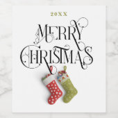 装飾的なメリークリスマスの文字体裁 |ストッキング ワインラベル (シングルラベル)