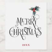 装飾的なメリークリスマスの文字体裁 |ホリー ワインラベル (シングルラベル)