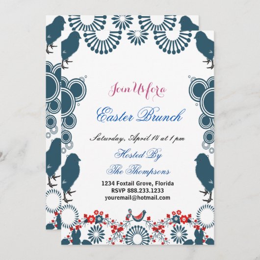 装飾的なモチーフのイースターブランチの雛の鳥フローラ 招待状 (正面/裏面)