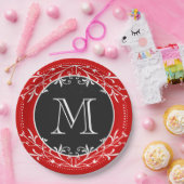 装飾的なモノグラムの赤く、白くおよび黒いヴィンテージ ペーパープレート (パーティー)