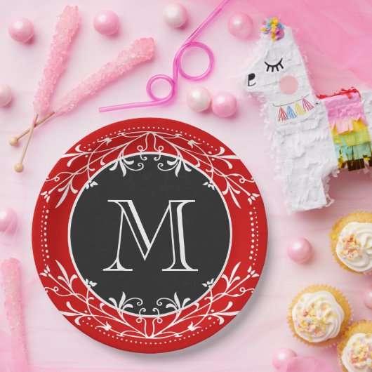 装飾的なモノグラムの赤く、白くおよび黒いヴィンテージ ペーパープレート