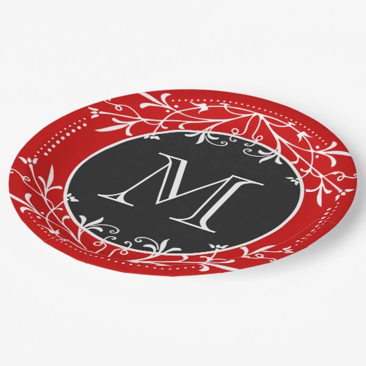 装飾的なモノグラムの赤く、白くおよび黒いヴィンテージ ペーパープレート (アングル)