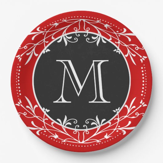 装飾的なモノグラムの赤く、白くおよび黒いヴィンテージ ペーパープレート (正面)