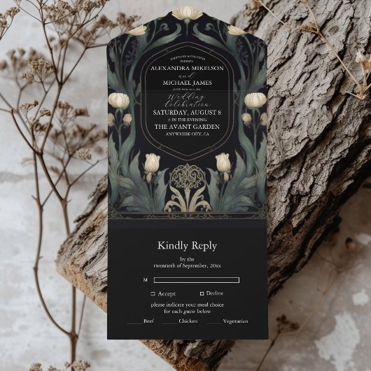 装飾的なヨーロッパのフローラ結婚アールヌーボー オールインワン招待状