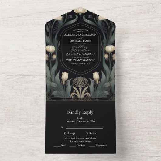 装飾的なヨーロッパの花の新芸術様式の結婚式 オールインワン招待状 (内側)