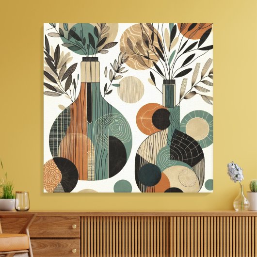 装飾的なラインアート自然トーン、植物の花瓶 キャンバスプリント (インサイチュ (リビング))