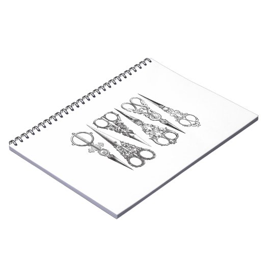 装飾的なヴィンテージのはさみのエレガントな白黒 ノートブック (左側)