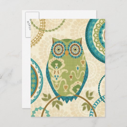 装飾的な円形デザインのフクロウ ポストカード (正面/裏面)