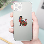  装飾的な座る猫ステッカー - 黒地に赤と シール (スマートフォン)