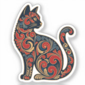  装飾的な座る猫ステッカー - 黒地に赤と シール (正面)