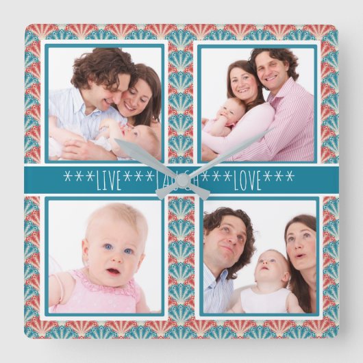 装飾的な扇子模様付き写真コラージュ スクエア壁時計 (正面)