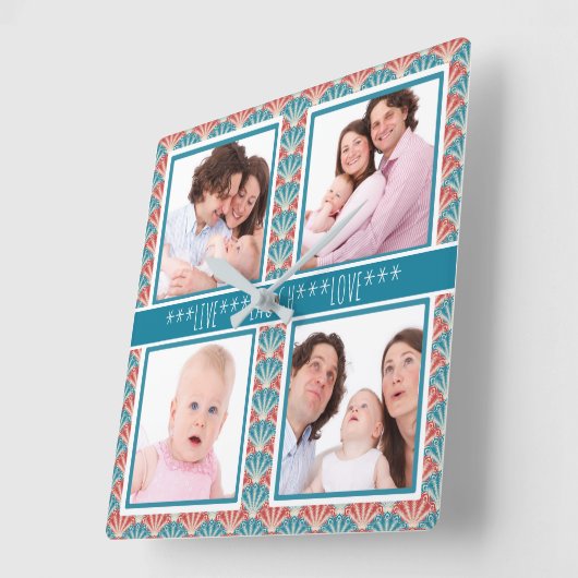 装飾的な扇子模様付き写真コラージュ スクエア壁時計 (傾斜)