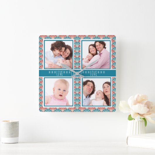 装飾的な扇子模様付き写真コラージュ スクエア壁時計 (ホーム)