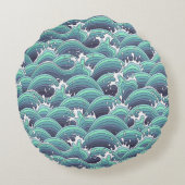 装飾的な海の波の背景 ラウンドクッション (裏面)