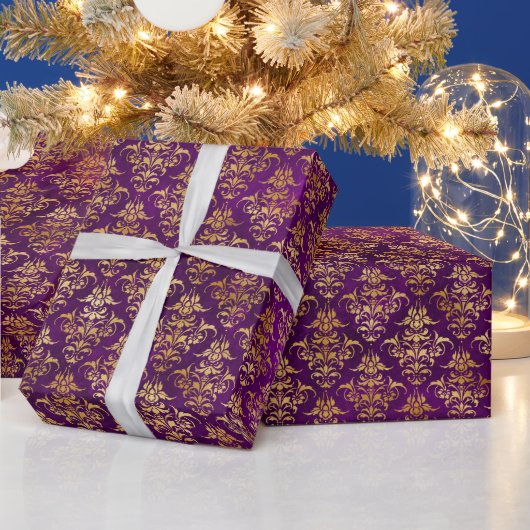 装飾的な紫と金のダマスク柄 ラッピングペーパー (クリスマス)