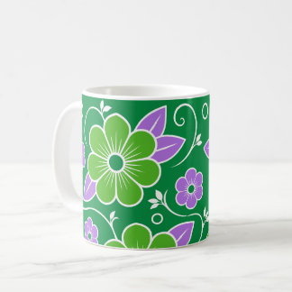 装飾的な緑と紫の花柄 コーヒーマグカップ