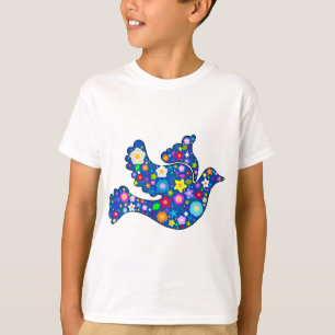 装飾的な花から成っている青い平和鳩 Tシャツ