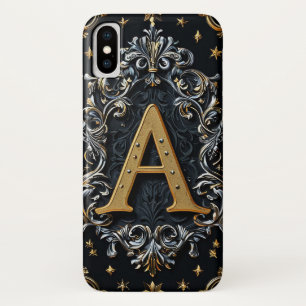 装飾的な花とゴールドの文字A iPhone X ケース