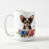 装飾的な花とチワワの子犬 コーヒーマグカップ (左)