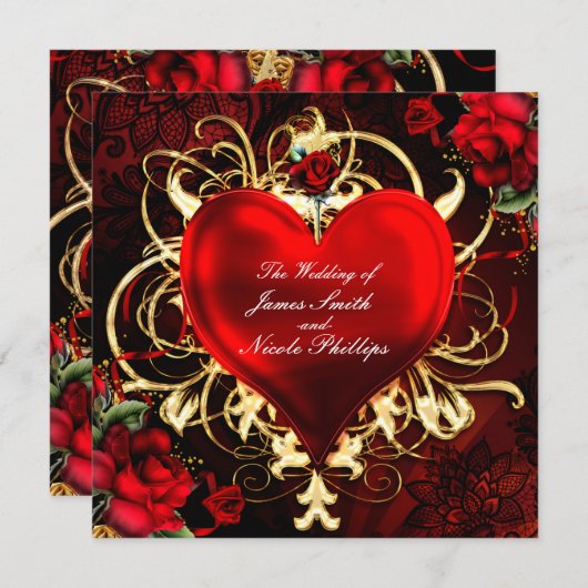 装飾的な花のハート ブラック レッド ゴールドの招待状 招待状 (正面/裏面)